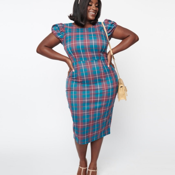 Collectif Plus Size Red & Blue Plaid Demira Pencil Dress - UK 20  - Picture 1 of 3